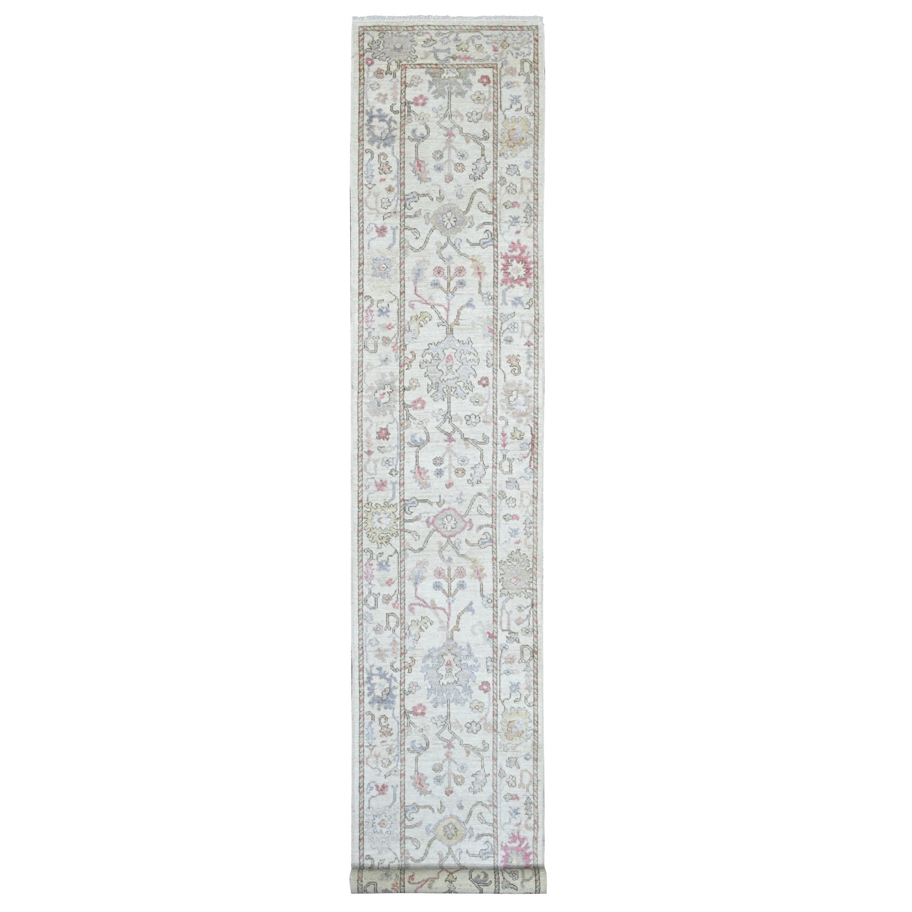2'8"x15'7" Daisy White, Afghan Angora Oushak with All Over Leaf Design, Hand Knotted, 100% Wool, Vegetable Dyes, XL Runner, Oriental Rug 